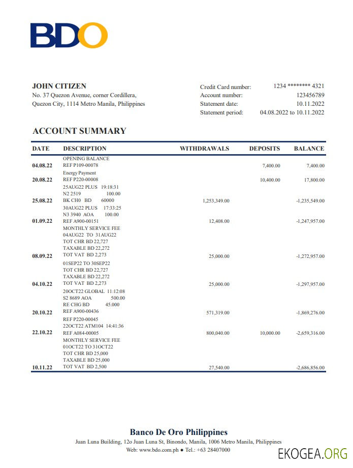 Relevé bancaire BDO des Philippines xls